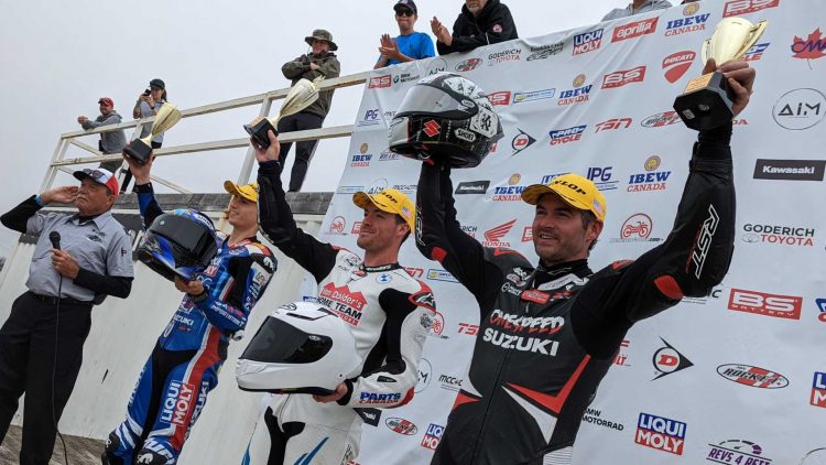 Sunday’s second Grand Bend Superbike race looked much like a late 2021 Pro podium, with (Left to Right) Suzuki’s Champ Alex Dumas, BMW’s victor Ben Young and third placed second Suzuki ace Trevor Daley.

Image courtesy CSBK